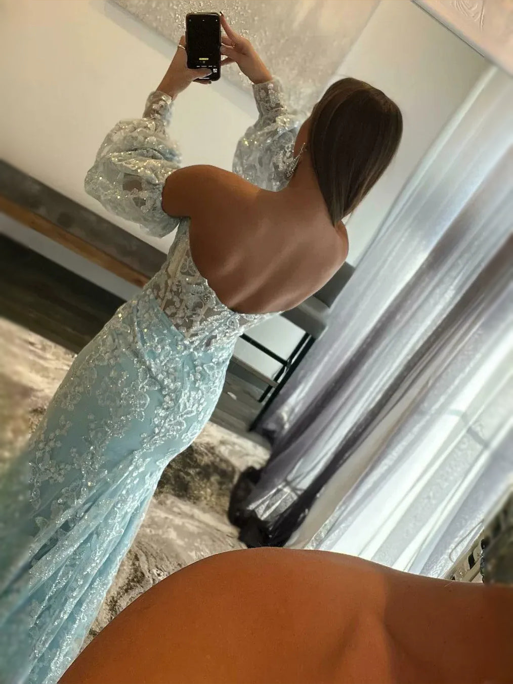 Sky Blue floor-length prom dress, back view showing the rear of the dress