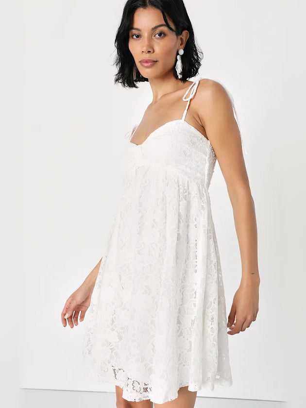 White mini homecoming dress, alternate view showing the bodice and skirt