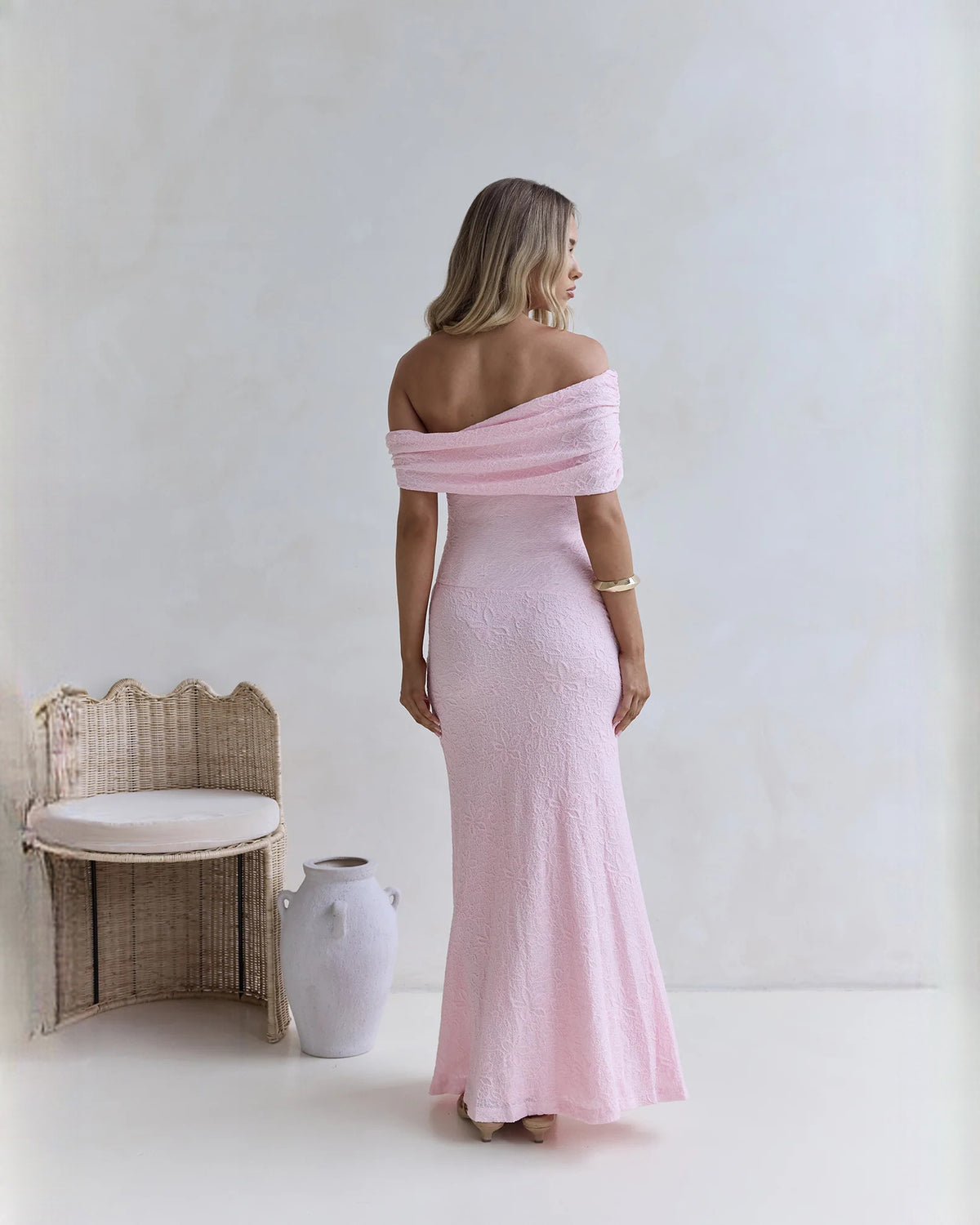 off-shoulder structured satin a-line maxi bridesmaid dress - image 2