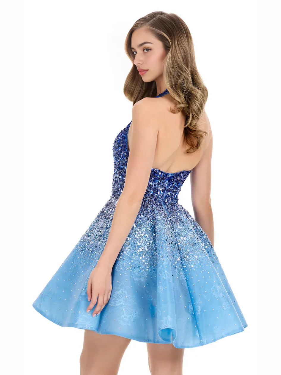 Blue mini homecoming dress, back view showing the rear of the dress