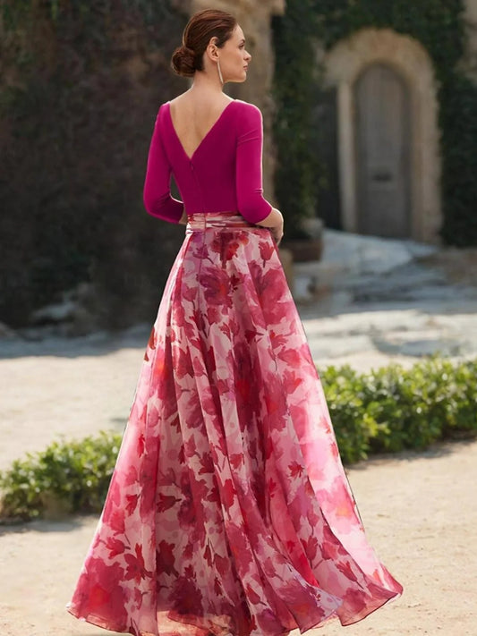 Fuchsia floor-length mother of the bride dress, alternate view showing the bodice and skirt