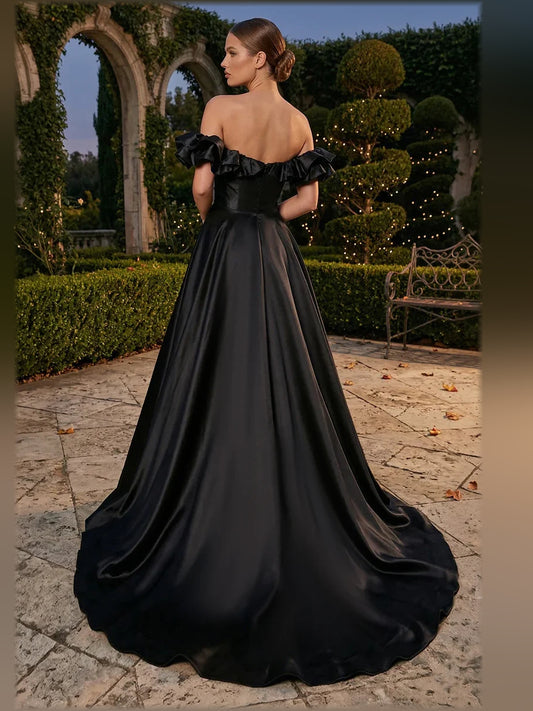 Black a-line floor-length formal dress with ruffle details, alternate view