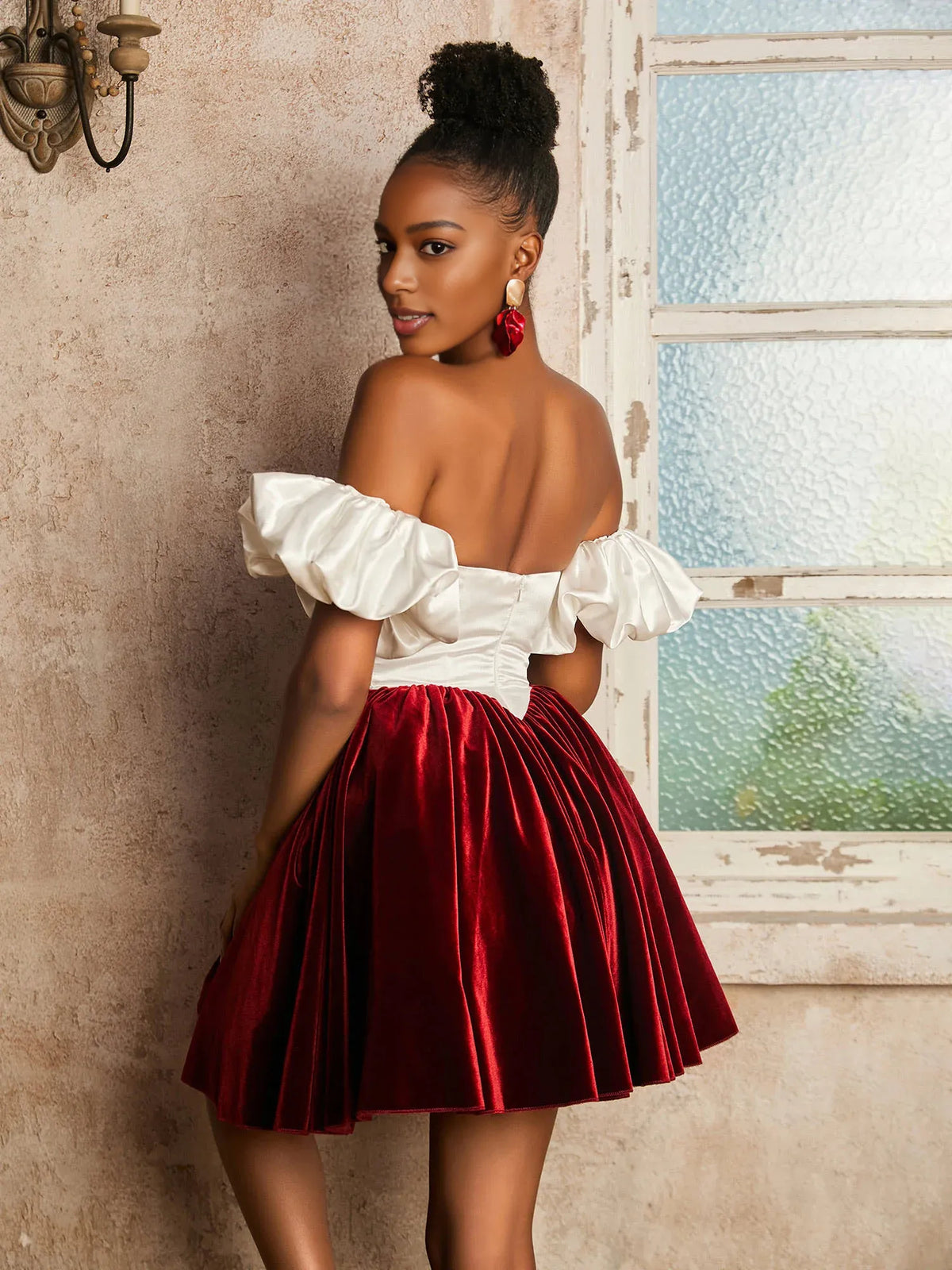 Burgundy mini homecoming dress, back view showing the rear of the dress