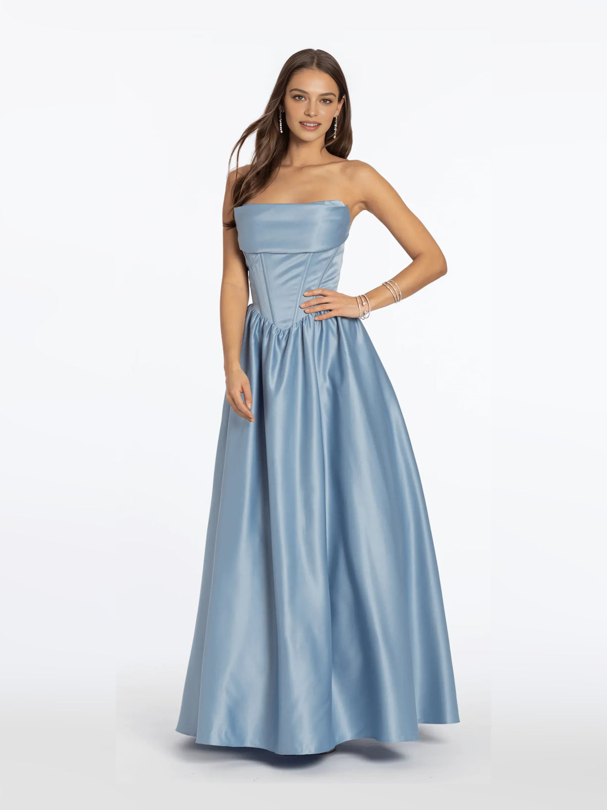 Dusty Blue floor-length prom dress, back view showing the rear of the dress