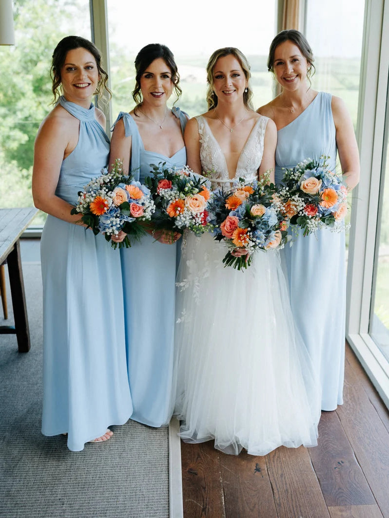 Light Blue maxi bridesmaid dress, alternate view showing the bodice and skirt