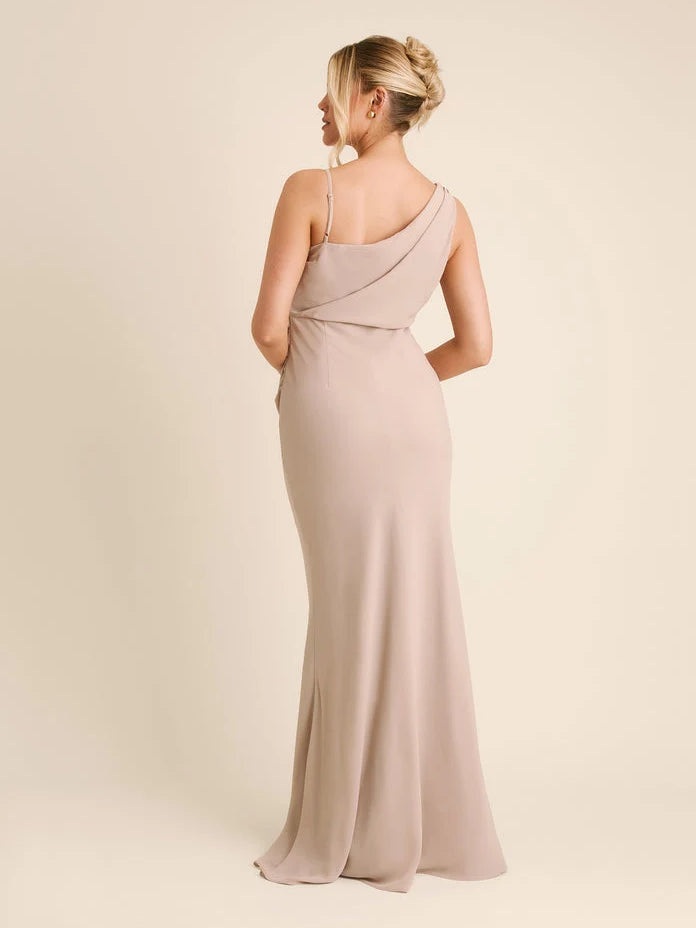 Taupe floor-length bridesmaid dress, alternate view showing the bodice and skirt