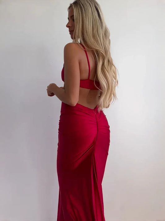 Red maxi prom dress, alternate view showing the bodice and skirt