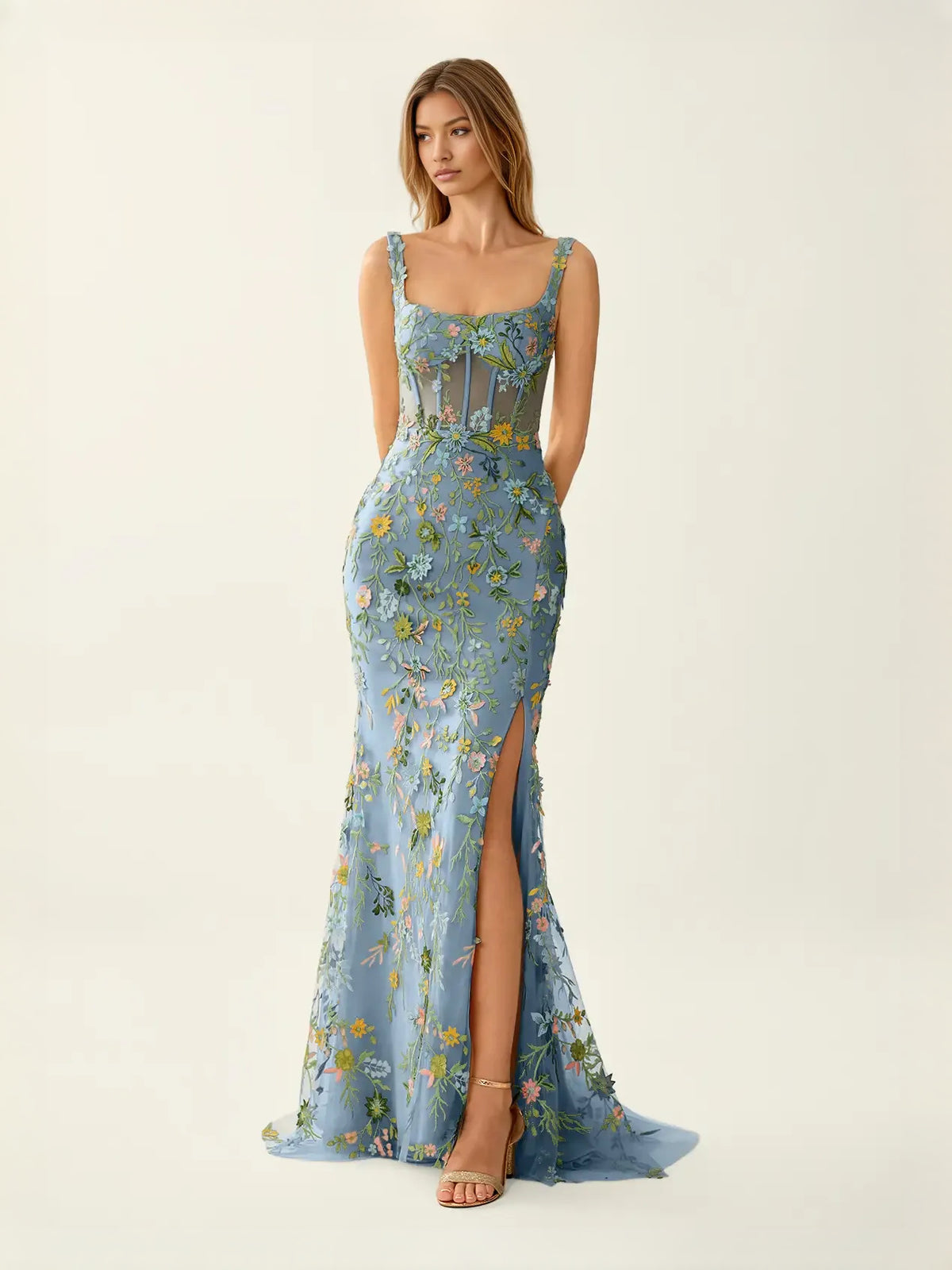 Dusty Blue maxi prom dress, alternate view showing the bodice and skirt