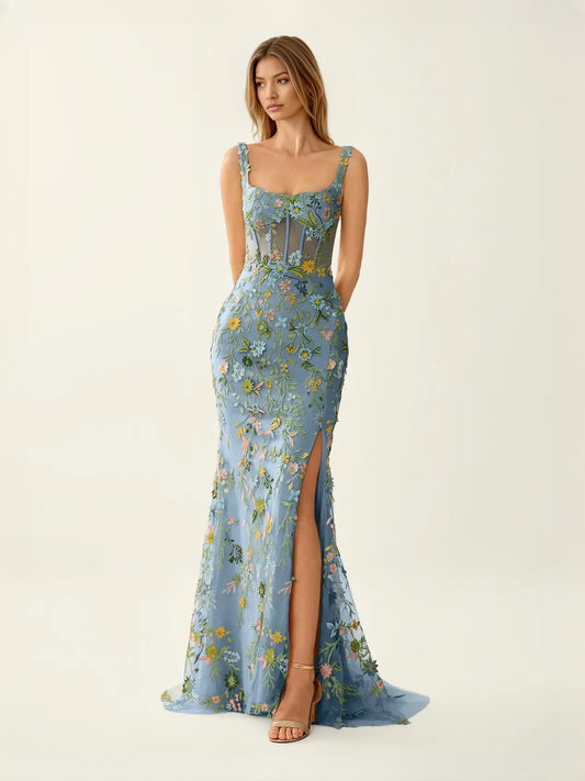 Dusty Blue maxi prom dress, alternate view showing the bodice and skirt