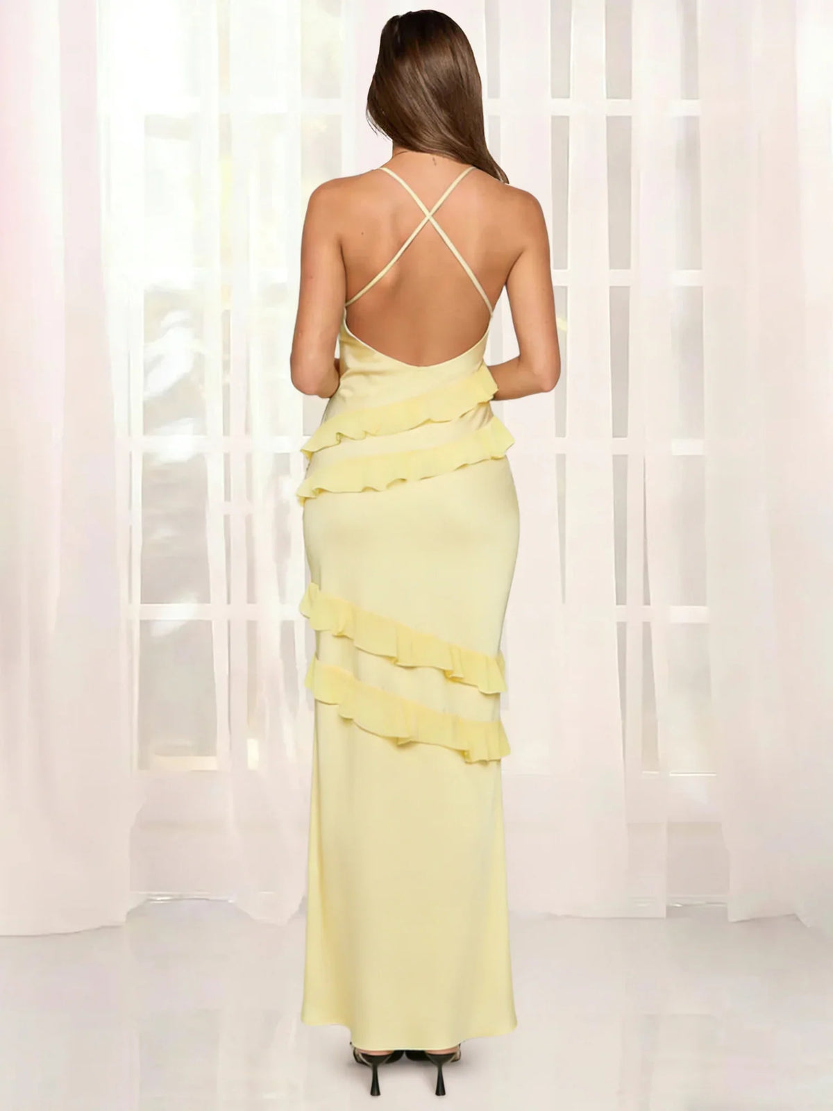 Yellow sheath floor-length formal dress with ruffle details, alternate view