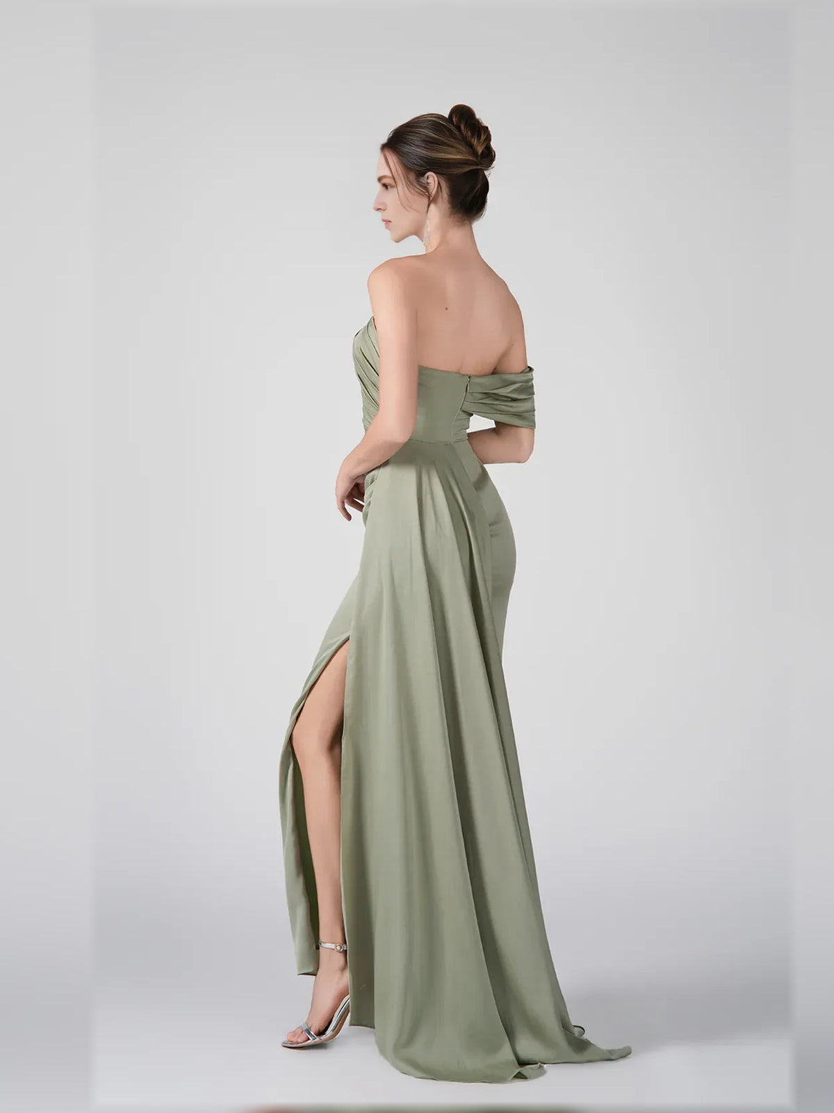 Dusty Sage mermaid maxi formal dress with skirt slit, alternate view