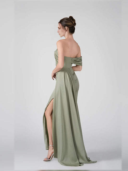 Dusty Sage mermaid maxi formal dress with skirt slit, alternate view