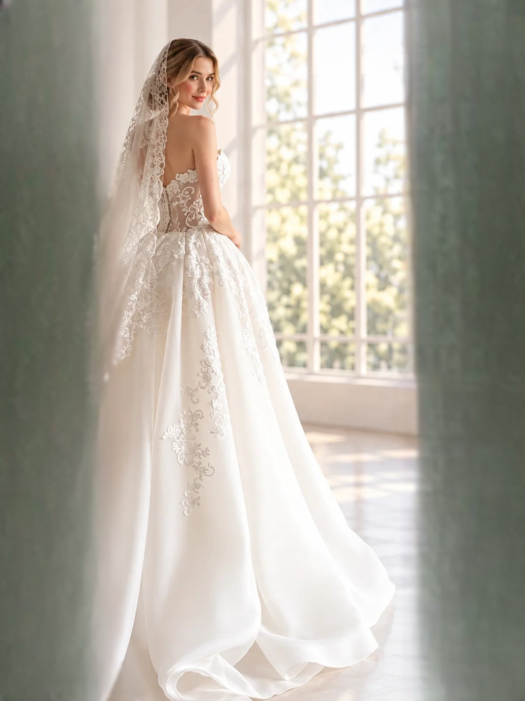 White floor-length wedding dress, alternate view showing the bodice and skirt