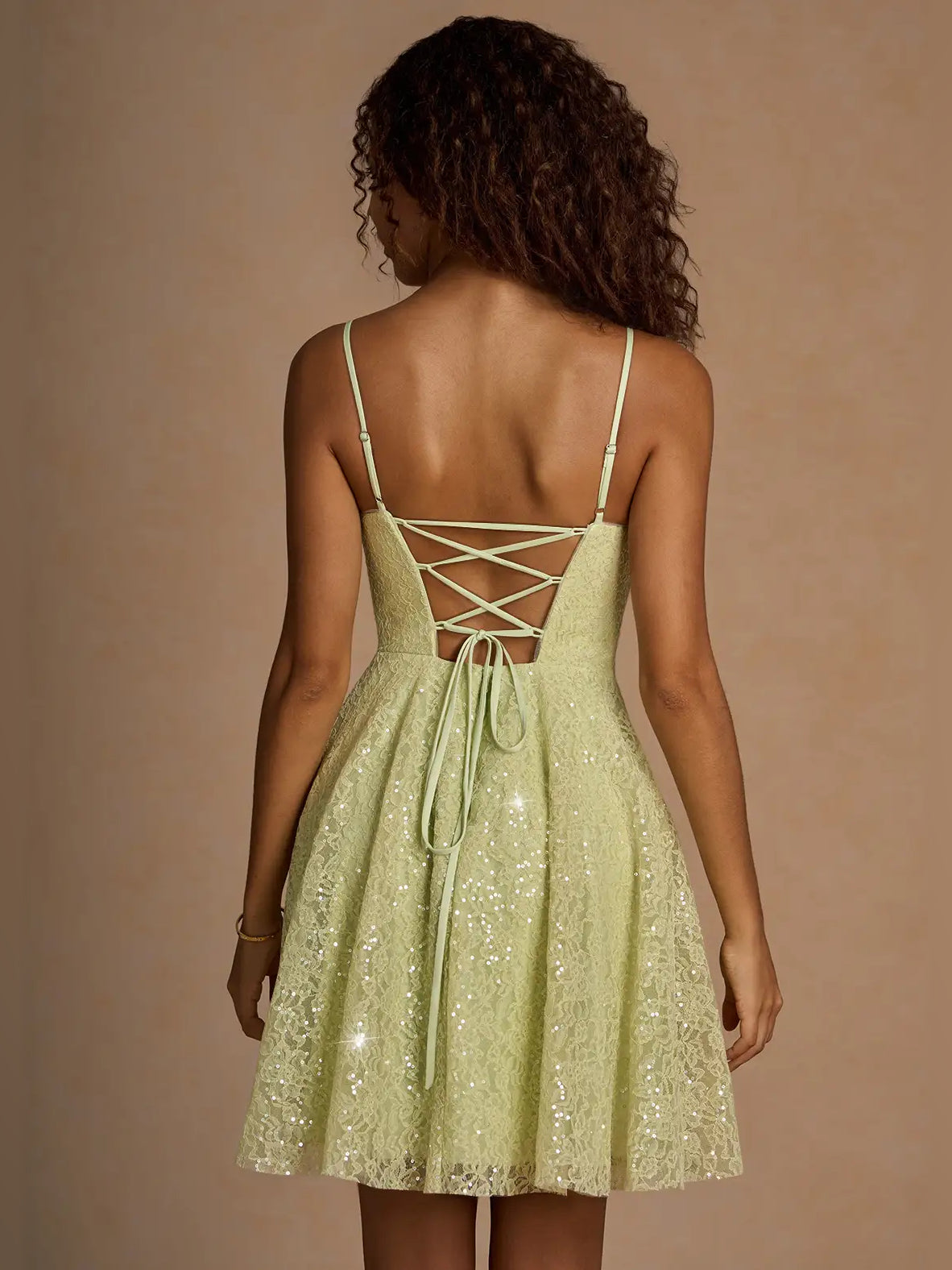 Sage Green mini homecoming dress, back view showing the rear of the dress