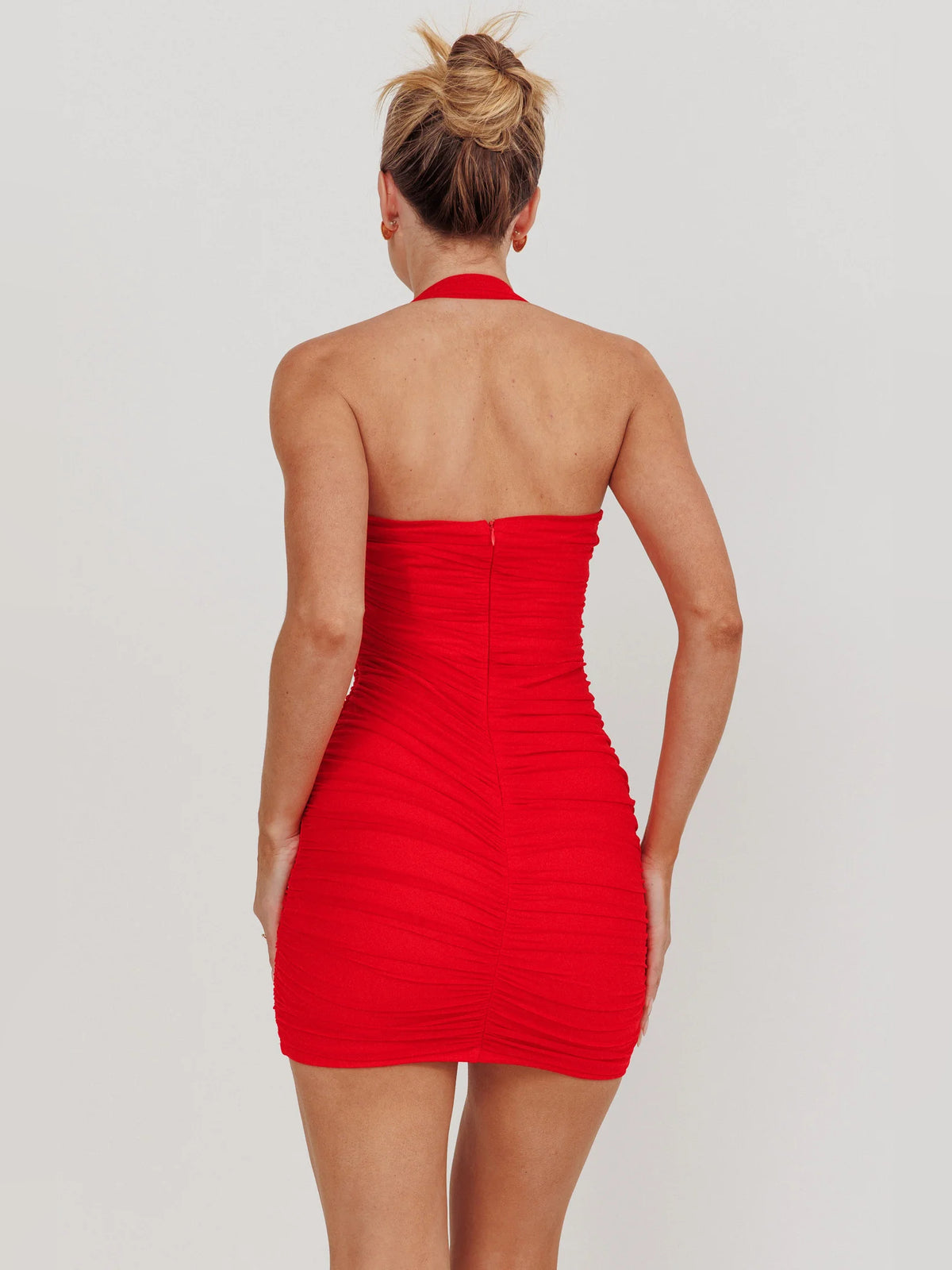 Red mini homecoming dress, alternate view showing the bodice and skirt