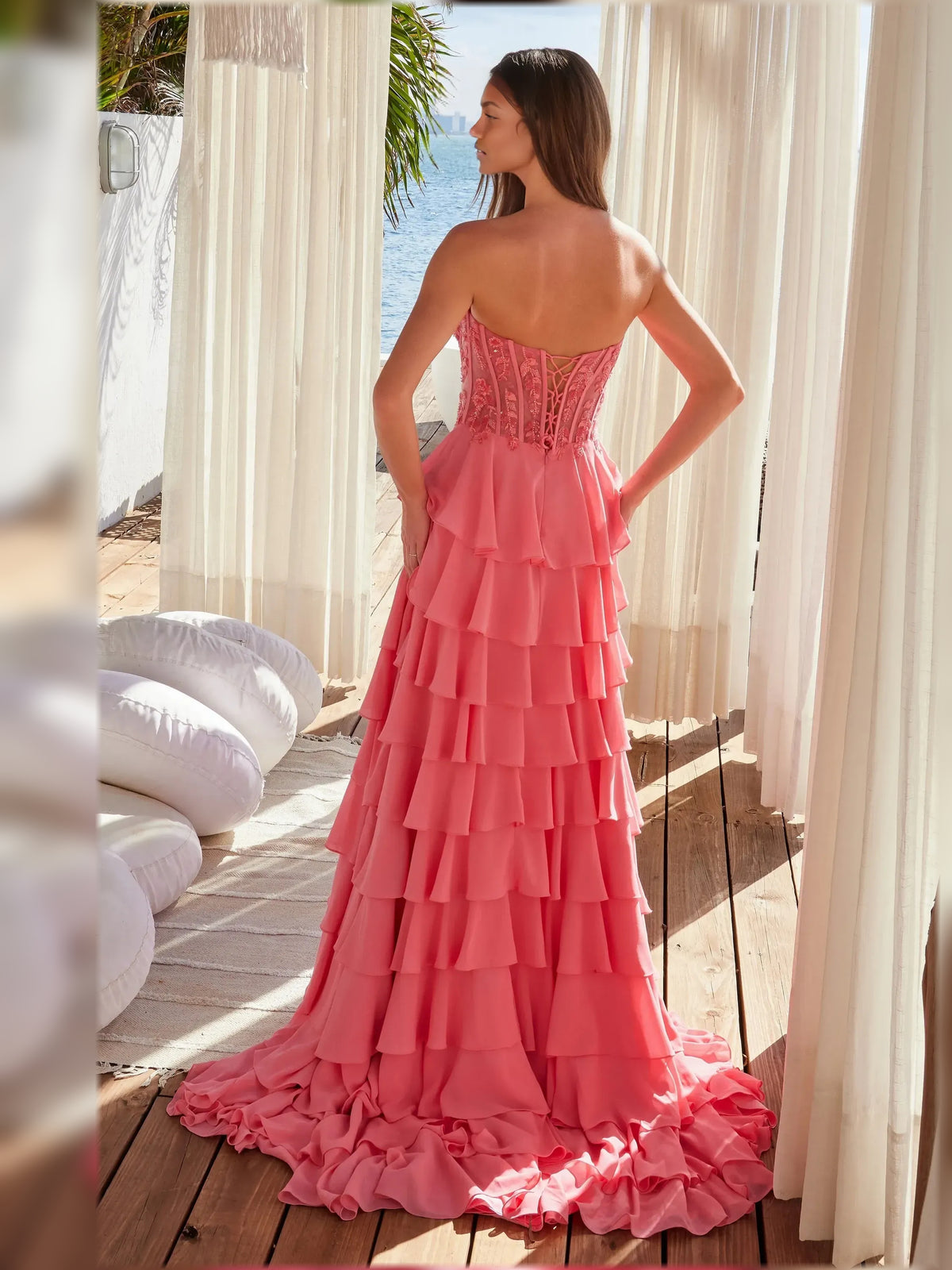 Watermelon a-line floor-length formal dress with tiered skirt, alternate view
