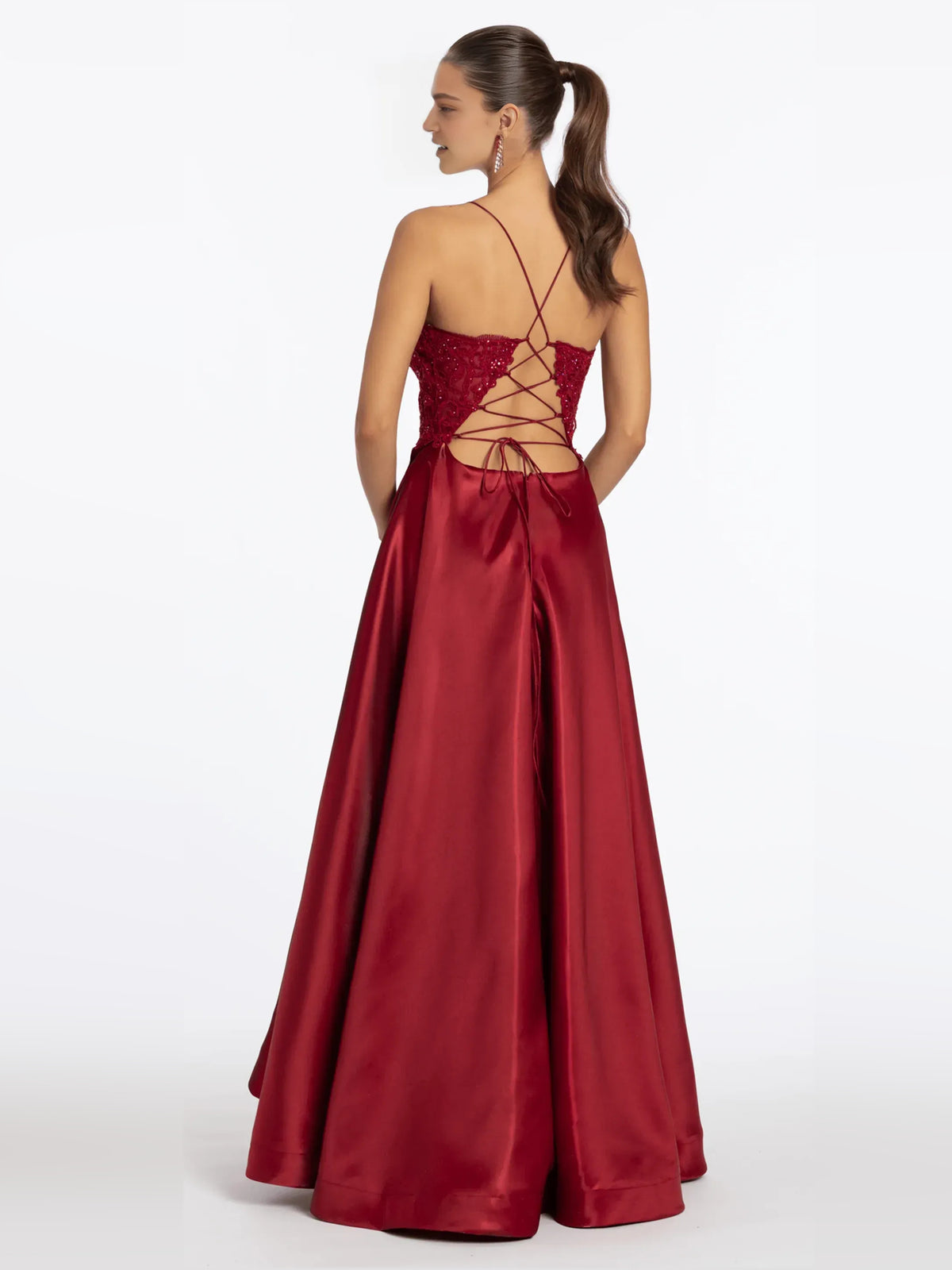 Wine floor-length prom dress, back view showing the rear of the dress