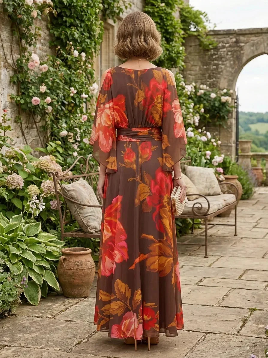 Red floor-length mother of the bride dress, alternate view showing the bodice and skirt