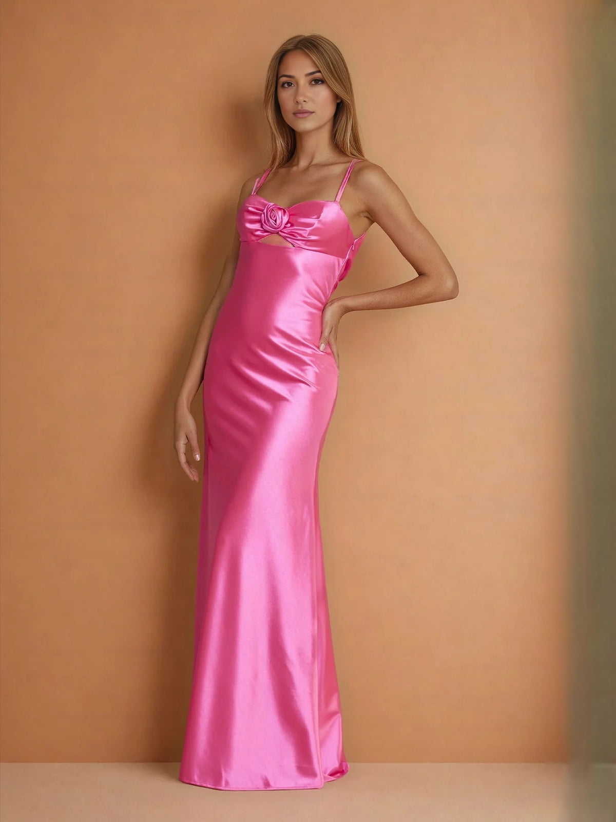 Hot Pink maxi prom dress, alternate view showing the bodice and skirt