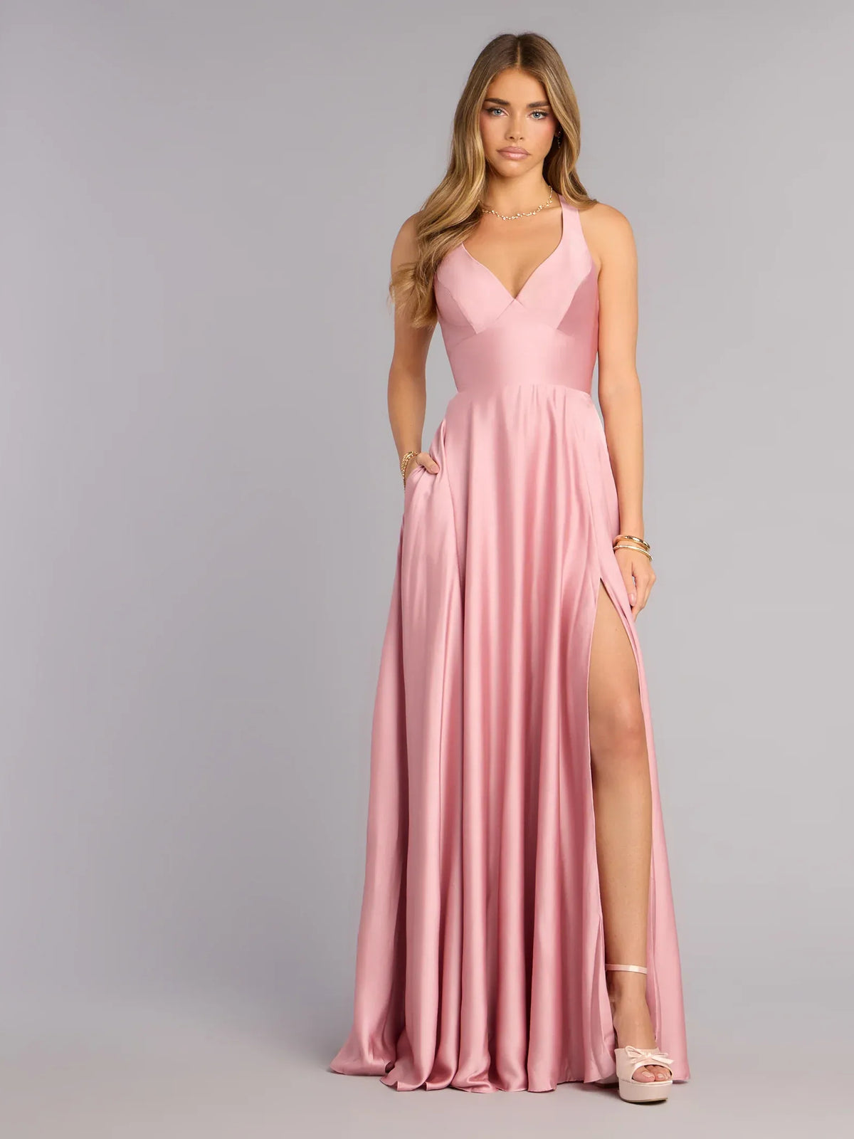 Dusty Pink maxi prom dress, alternate view showing the bodice and skirt