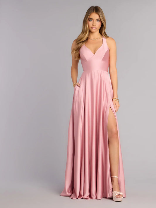 Dusty Pink maxi prom dress, alternate view showing the bodice and skirt