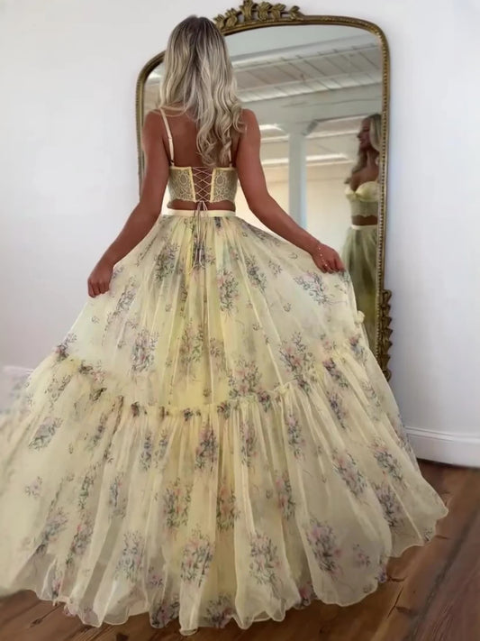 Yellow maxi prom dress, alternate view showing the bodice and skirt