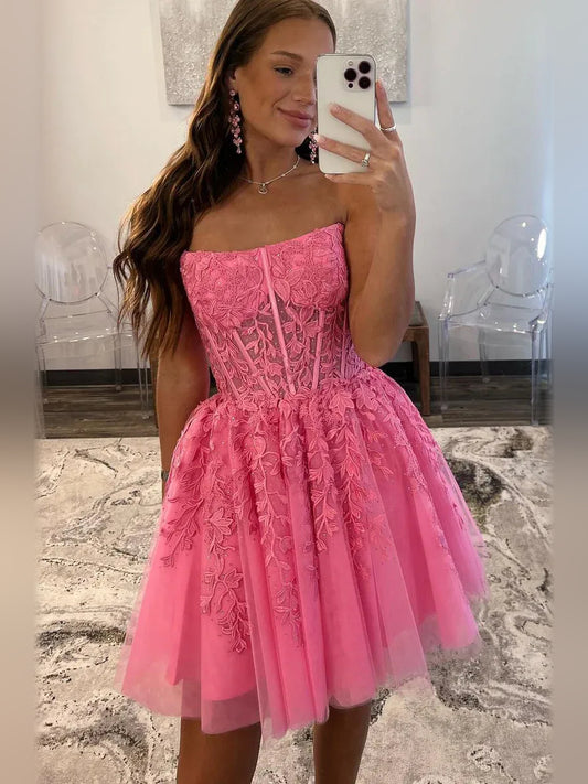 Hot Pink mini homecoming dress, back view showing the rear of the dress