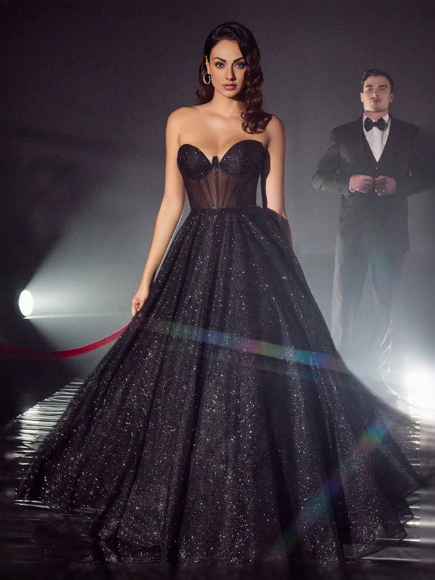 Black floor-length prom dress, alternate view showing the bodice and skirt