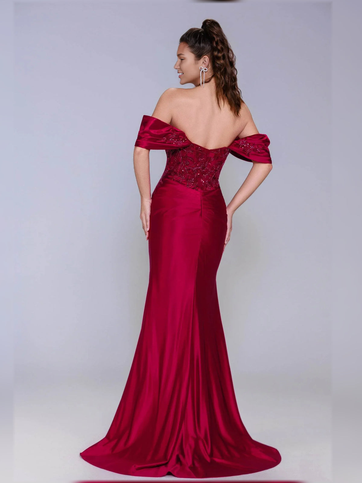 Deep Red sheath floor-length formal dress with skirt slit, alternate view