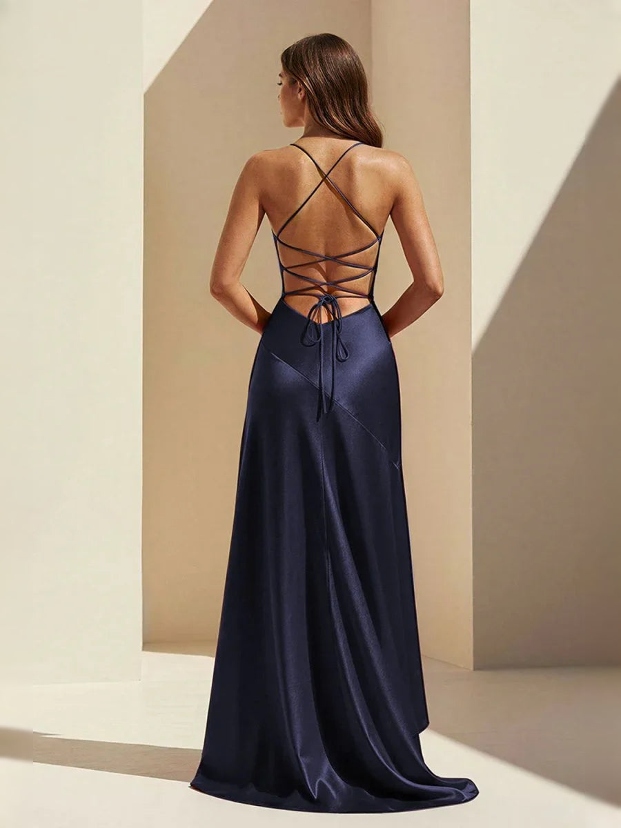 Aqua floor-length prom dress, back view showing the rear of the dress