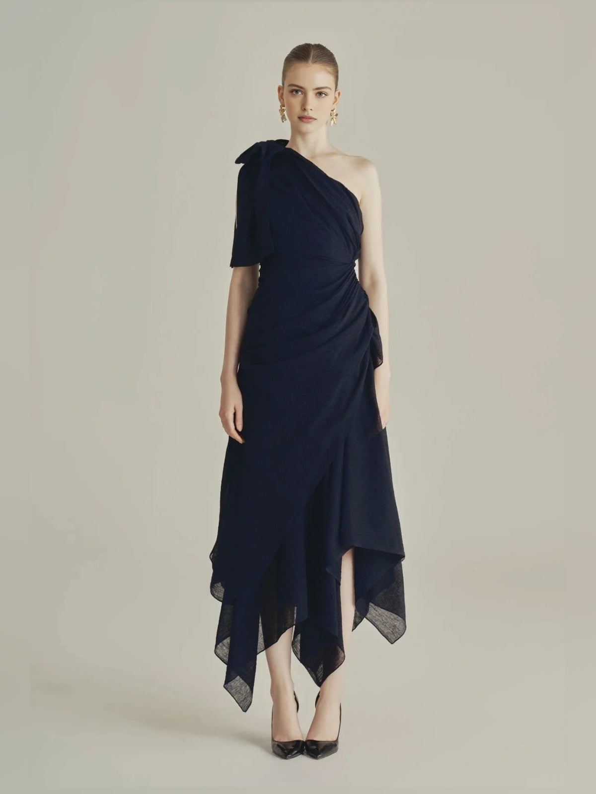 Dark Blue midi prom dress, alternate view showing the bodice and skirt