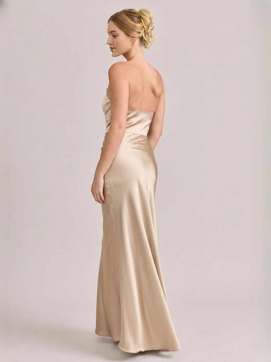 Champagne maxi bridesmaid dress, alternate view showing the bodice and skirt