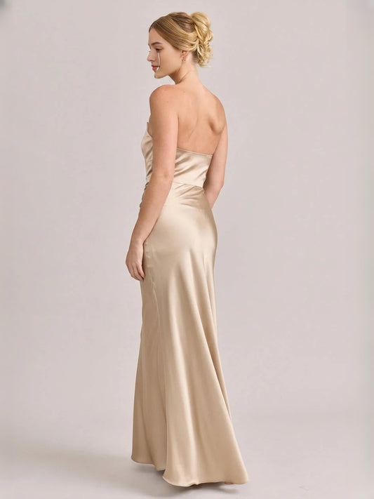 Champagne maxi bridesmaid dress, alternate view showing the bodice and skirt