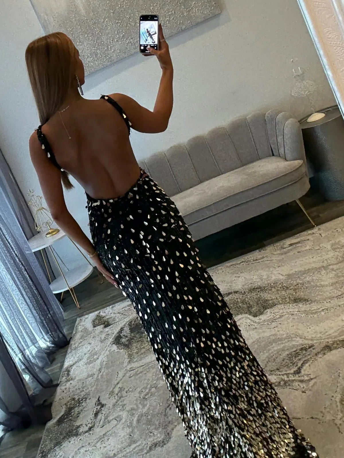 Black floor-length prom dress, alternate view showing the bodice and skirt