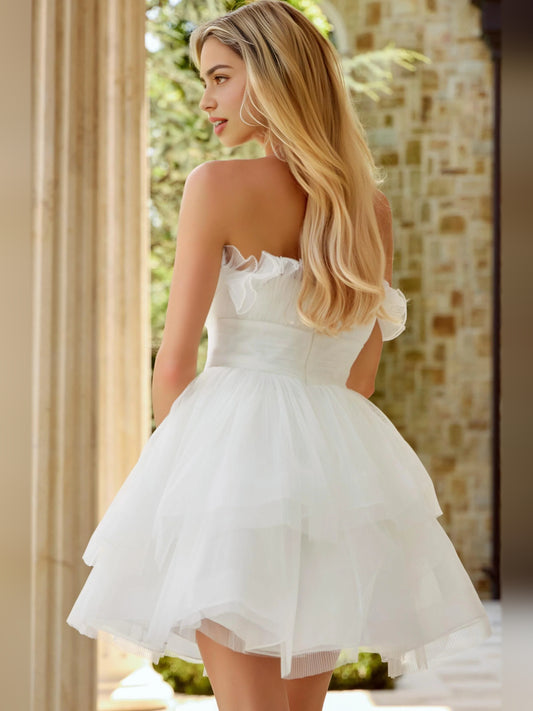 Ivory mini homecoming dress, back view showing the rear of the dress