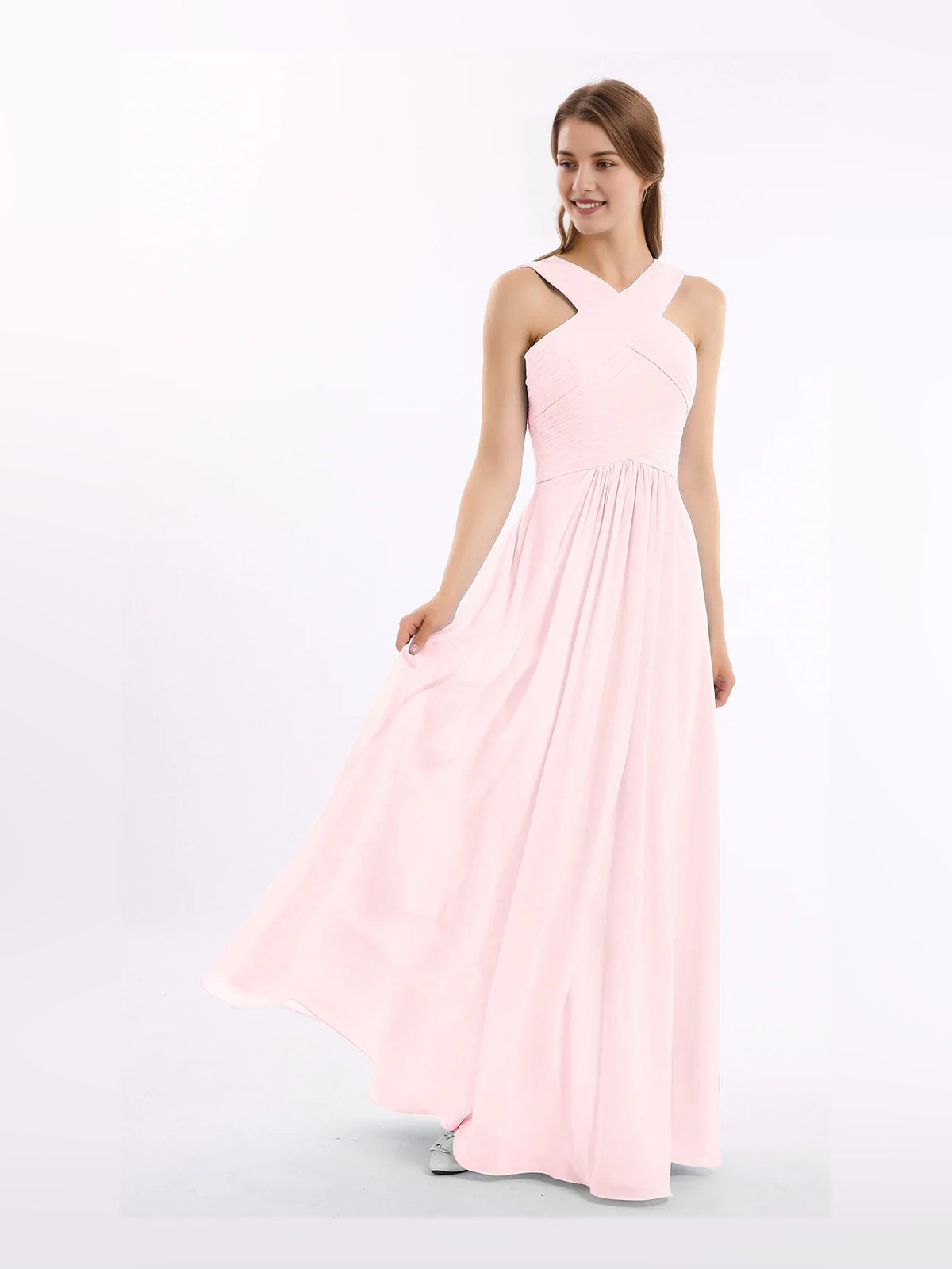 Blush Pink maxi bridesmaid dress, alternate view showing the bodice and skirt