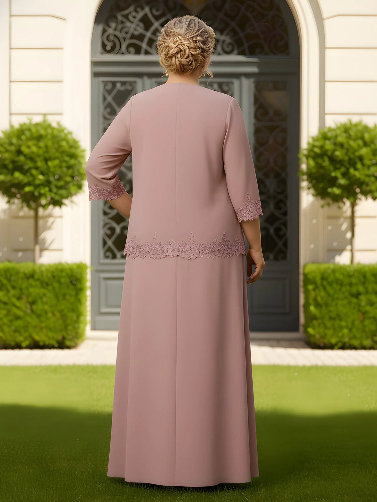 Dusty Rose maxi mother of the bride dress, alternate view showing the bodice and skirt