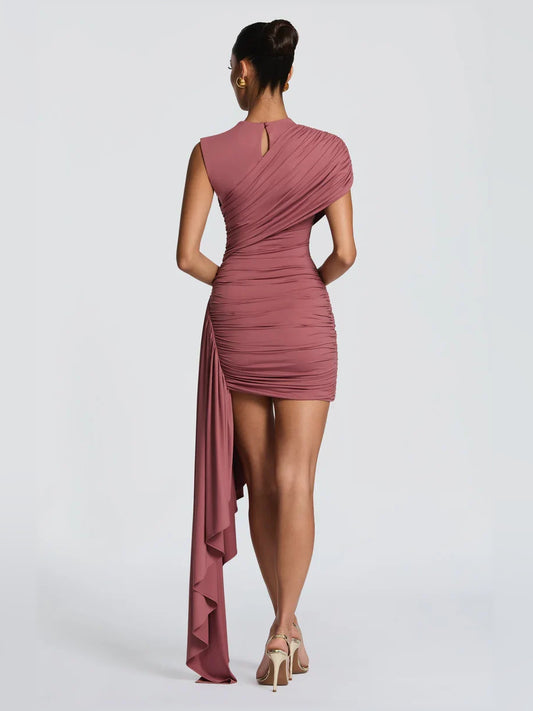 Dusty Rose bodycon mini formal dress with draping, alternate view