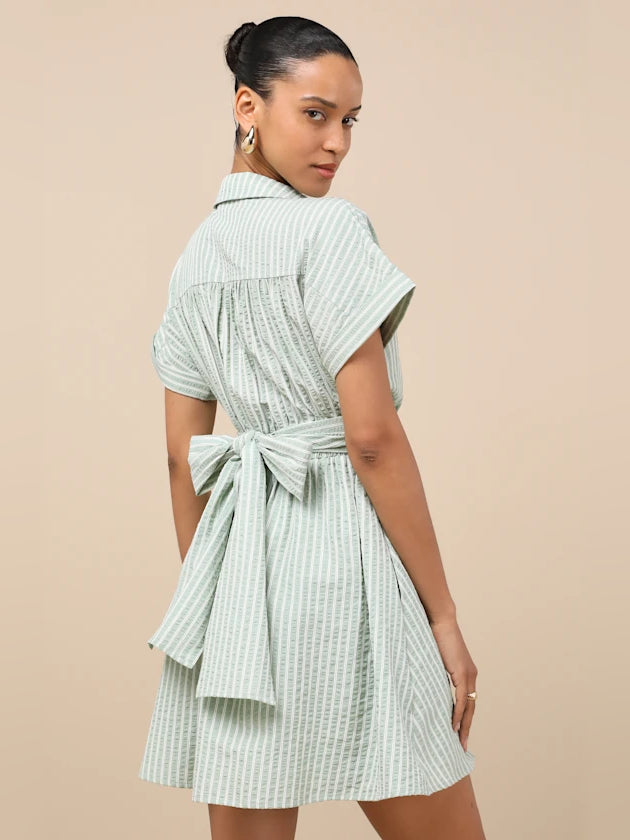 Green mini homecoming dress, alternate view showing the bodice and skirt