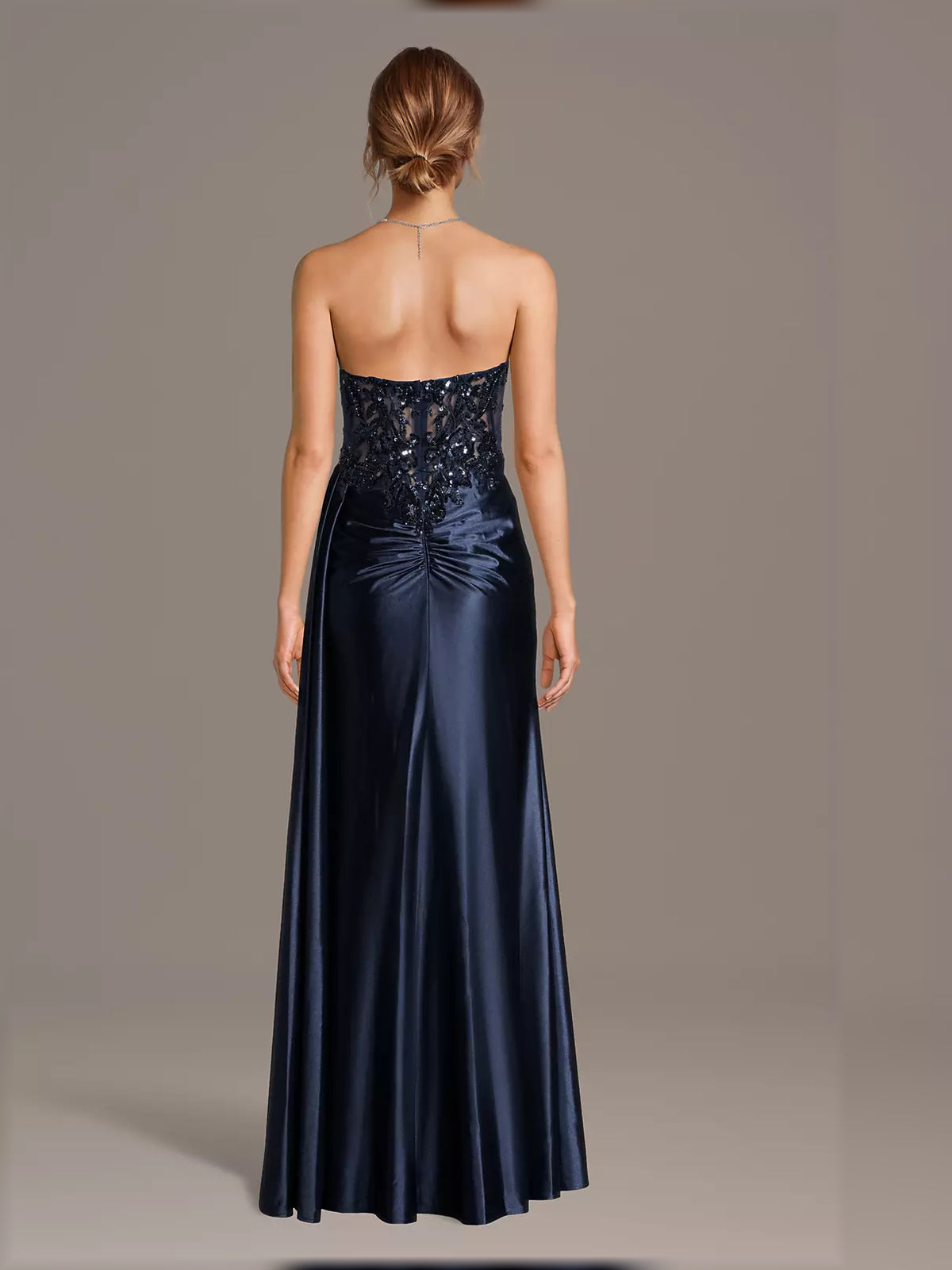 Navy Blue mermaid floor-length formal dress with beading, alternate view