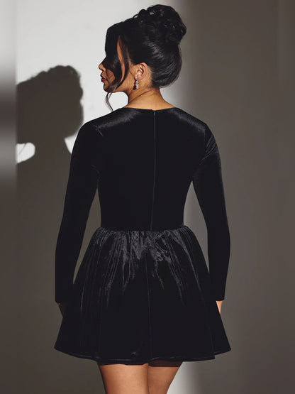 Black mini homecoming dress, alternate view showing the bodice and skirt