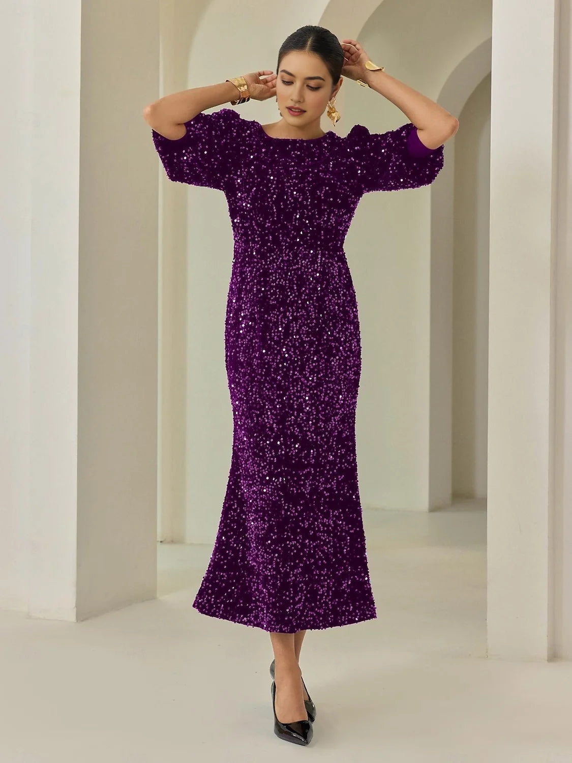 Deep Purple midi prom dress, alternate view showing the bodice and skirt