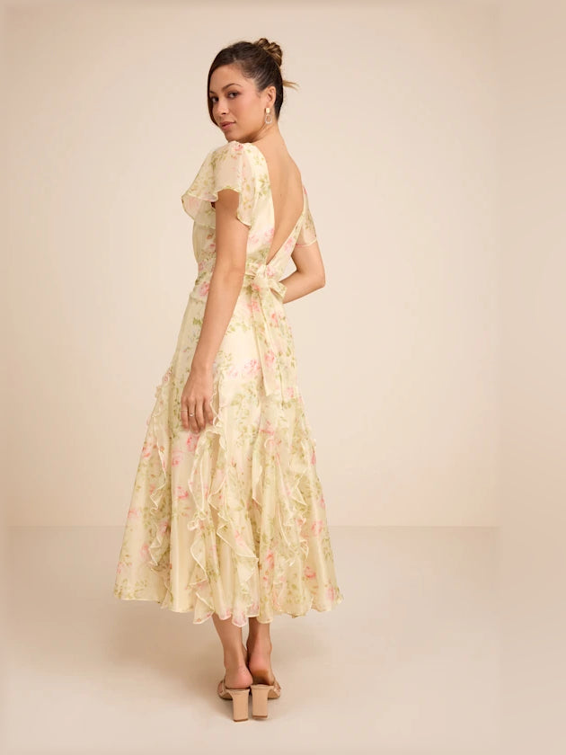 Light Green Floral midi formal dress with ruffle details, alternate view