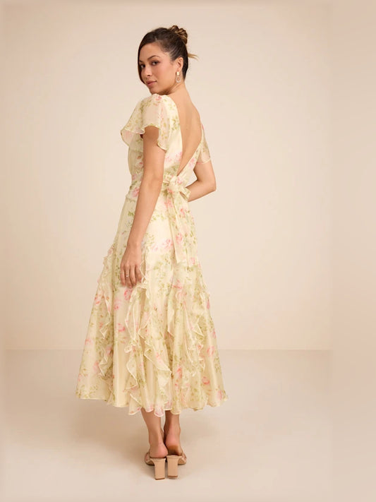 Light Green Floral midi formal dress with ruffle details, alternate view