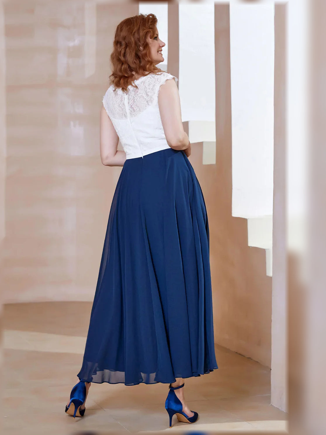 Navy Blue midi mother of the bride dress, alternate view showing the bodice and skirt