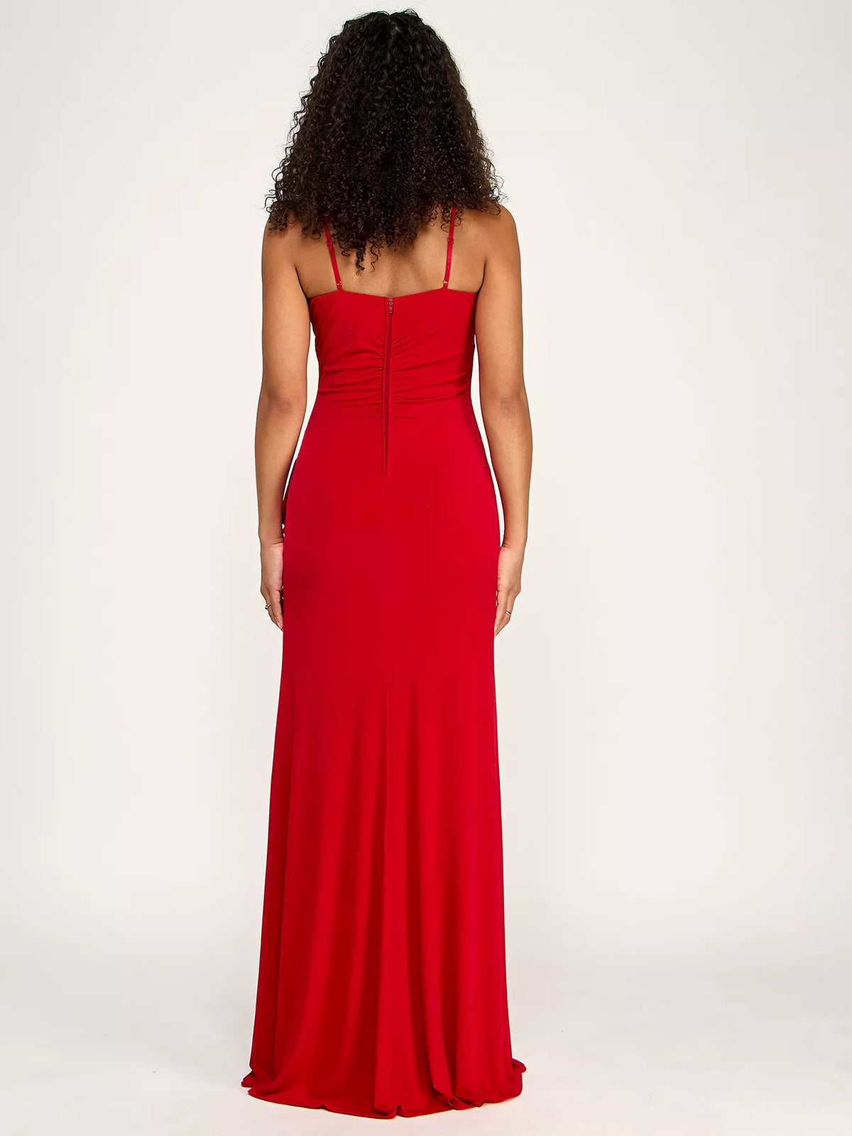 Red mermaid floor-length formal dress with ruching, alternate view