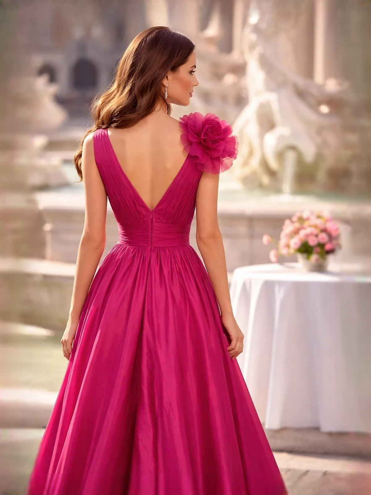 Hot Pink maxi prom dress, alternate view showing the bodice and skirt