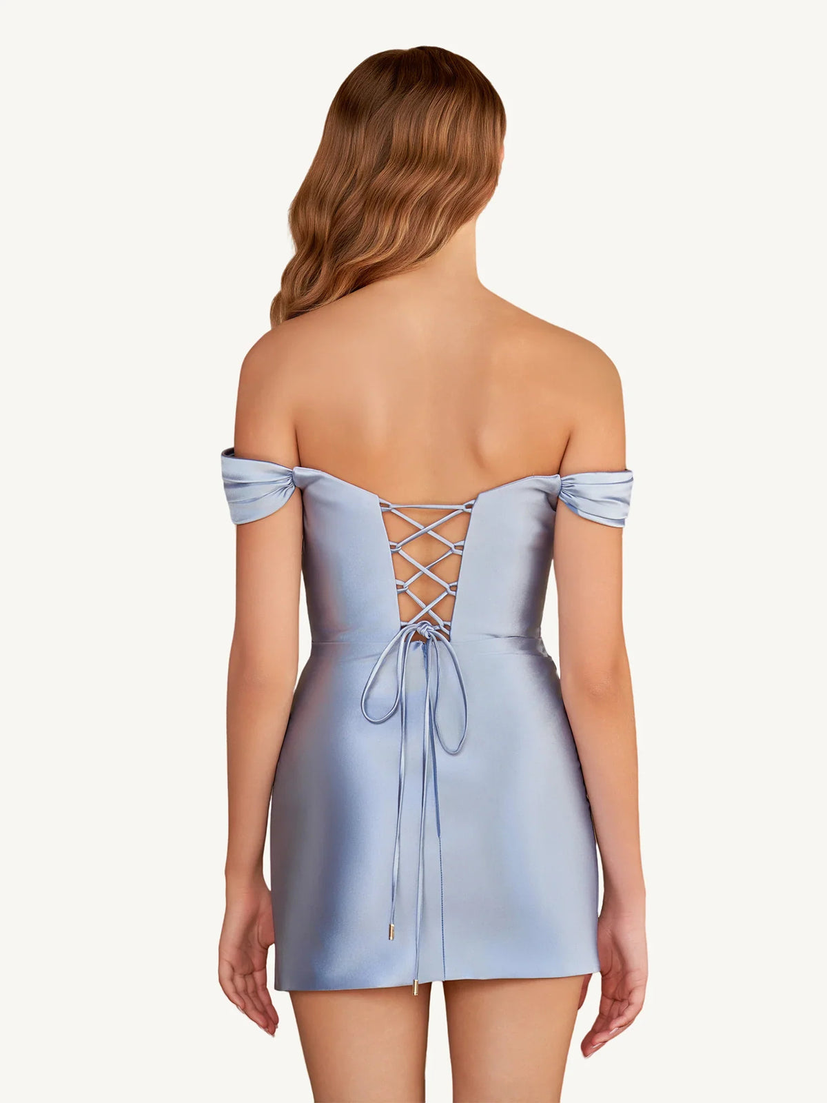 Dusty Blue mini homecoming dress, back view showing the rear of the dress