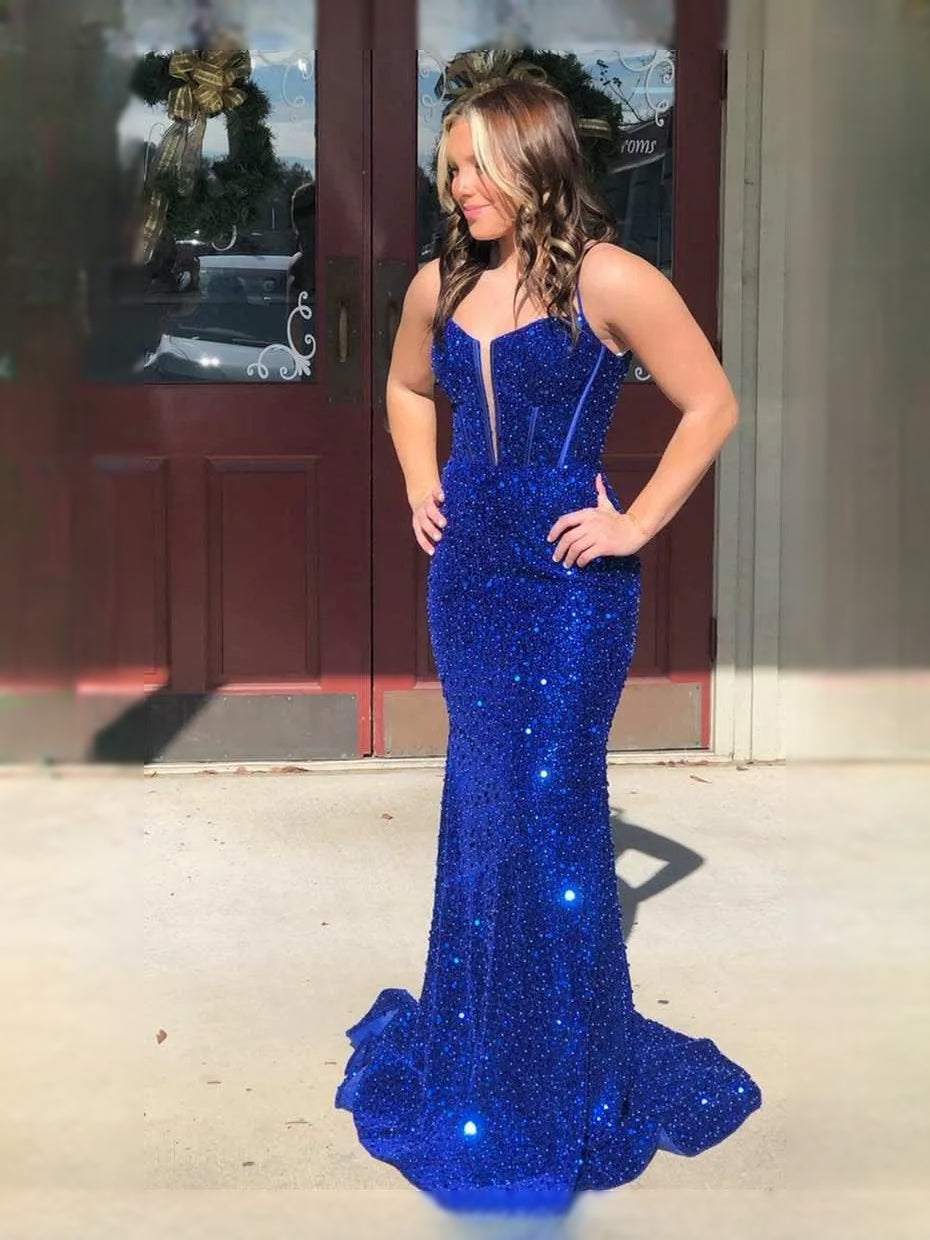 Royal Blue maxi prom dress, back view showing the rear of the dress