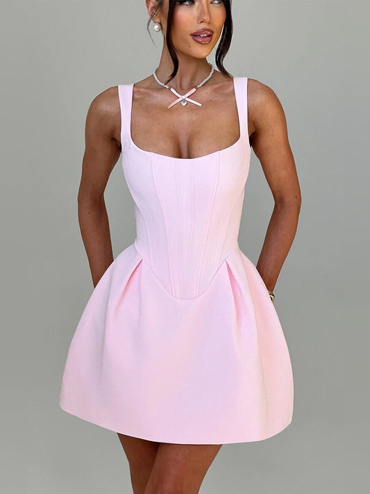 Blush mini homecoming dress, alternate view showing the bodice and skirt